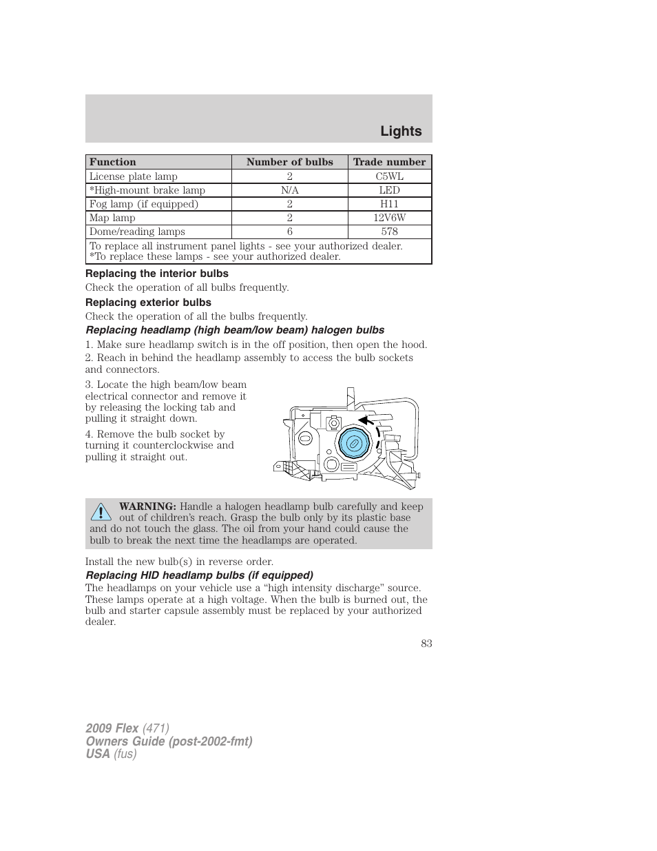 Replacing the interior bulbs, Replacing exterior bulbs, Replacing hid headlamp bulbs (if equipped) | Lights | FORD 2009 Flex v.1 User Manual | Page 83 / 374