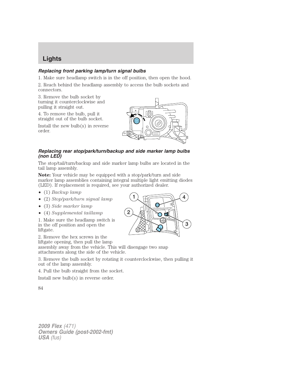 Replacing front parking lamp/turn signal bulbs, Lights | FORD 2009 Flex v.1 User Manual | Page 84 / 374