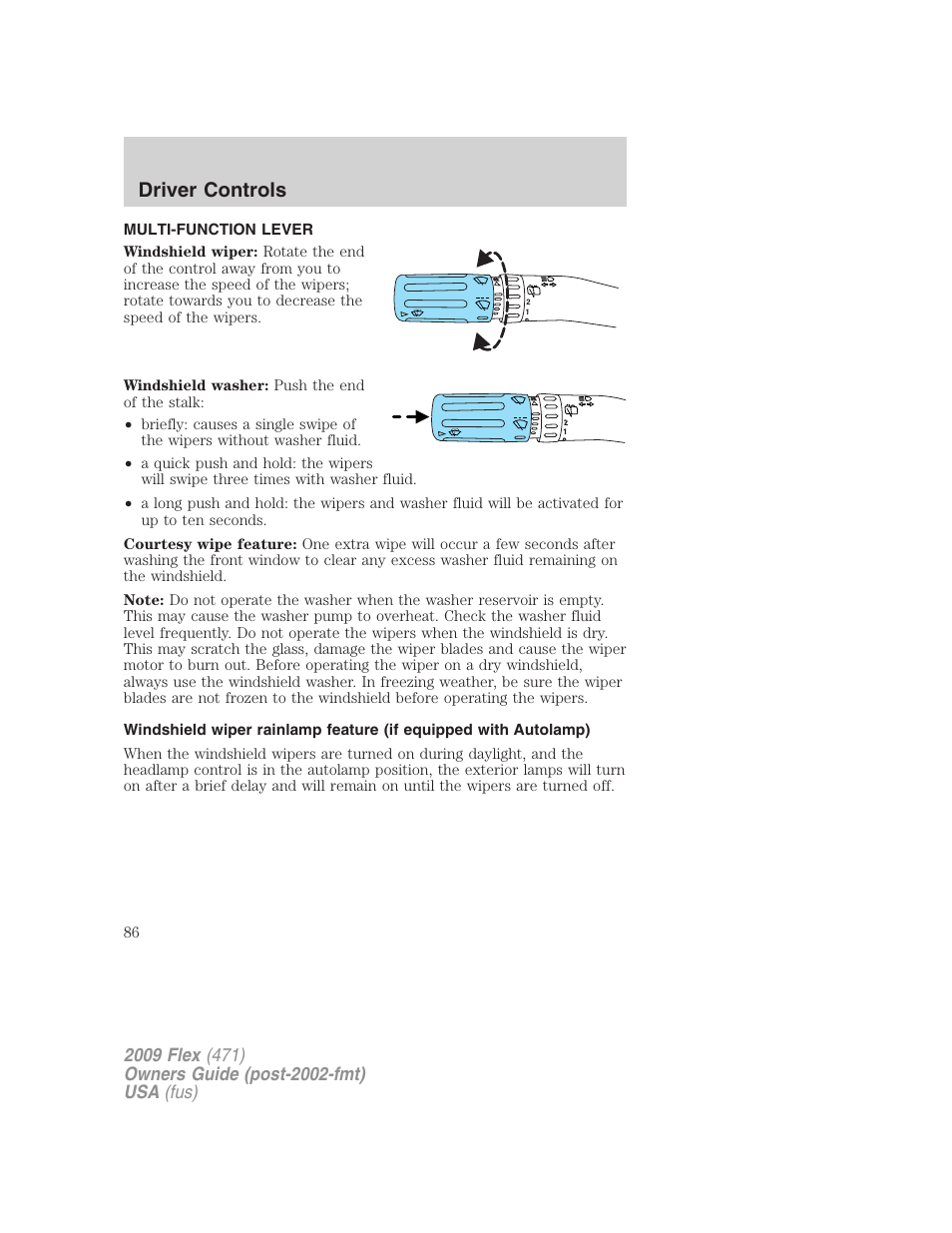 Driver controls, Multi-function lever, Windshield wiper/washer control | FORD 2009 Flex v.1 User Manual | Page 86 / 374