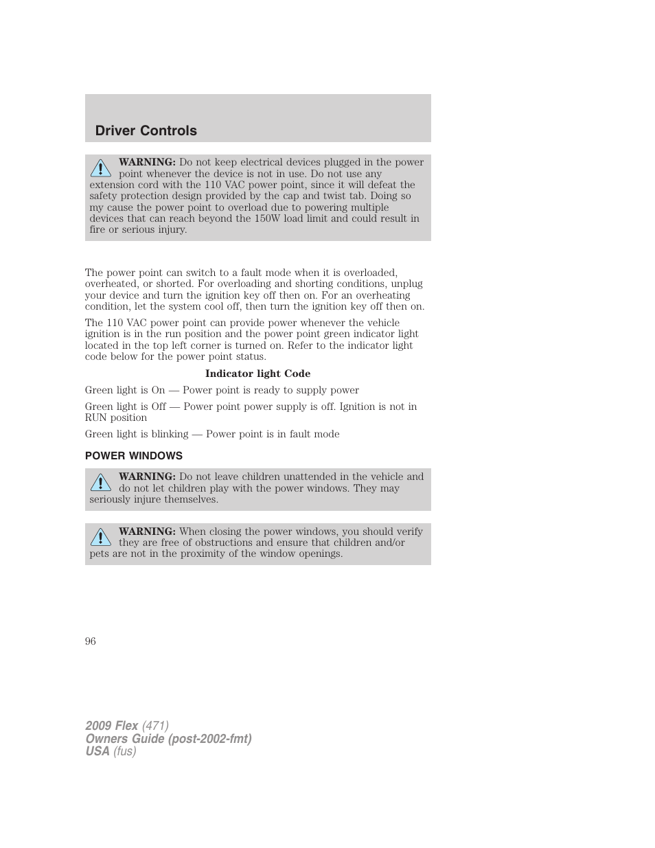 Power windows, Driver controls | FORD 2009 Flex v.1 User Manual | Page 96 / 374