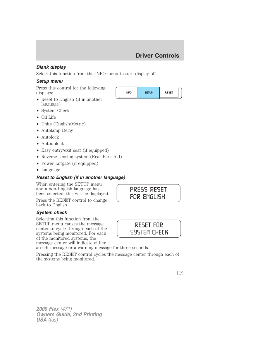 Blank display, Setup menu, Reset to english (if in another language) | System check, Driver controls | FORD 2009 Flex v.2 User Manual | Page 119 / 378