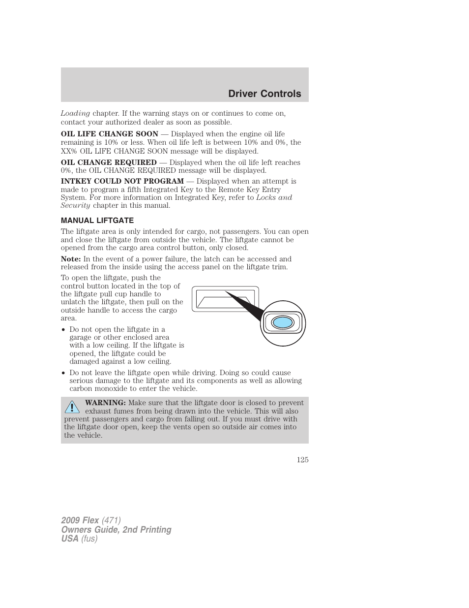 Manual liftgate, Driver controls | FORD 2009 Flex v.2 User Manual | Page 125 / 378