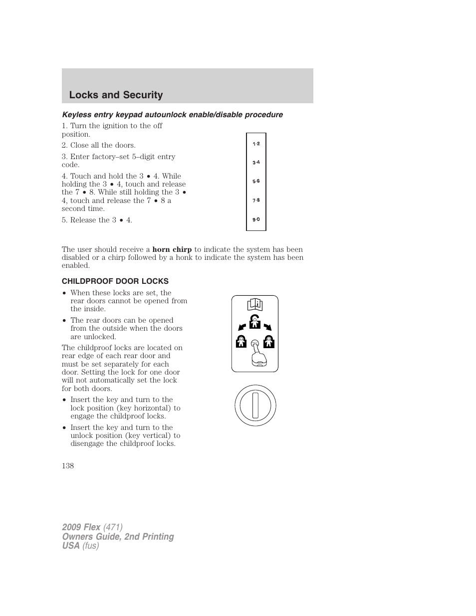 Childproof door locks, Locks and security | FORD 2009 Flex v.2 User Manual | Page 138 / 378
