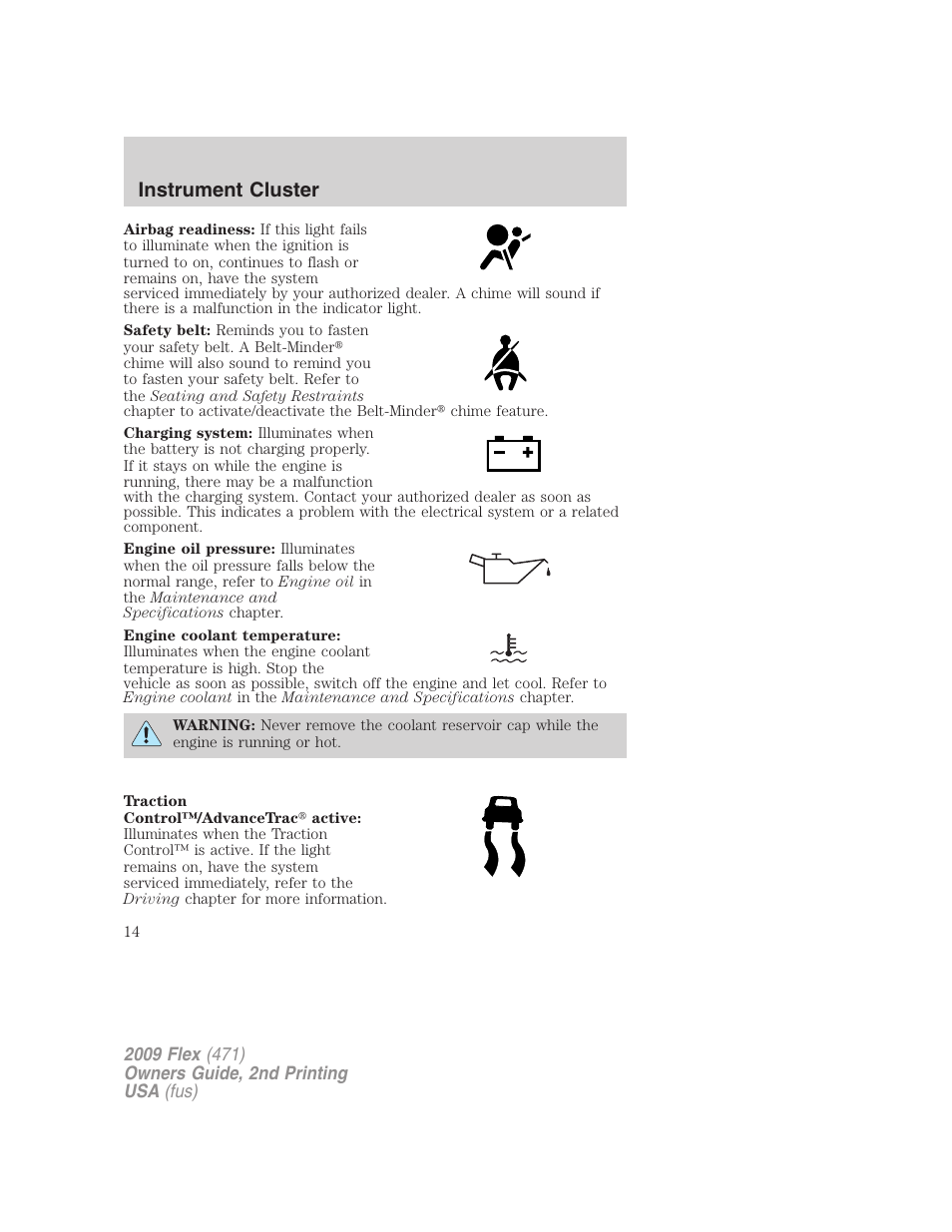 Instrument cluster | FORD 2009 Flex v.2 User Manual | Page 14 / 378