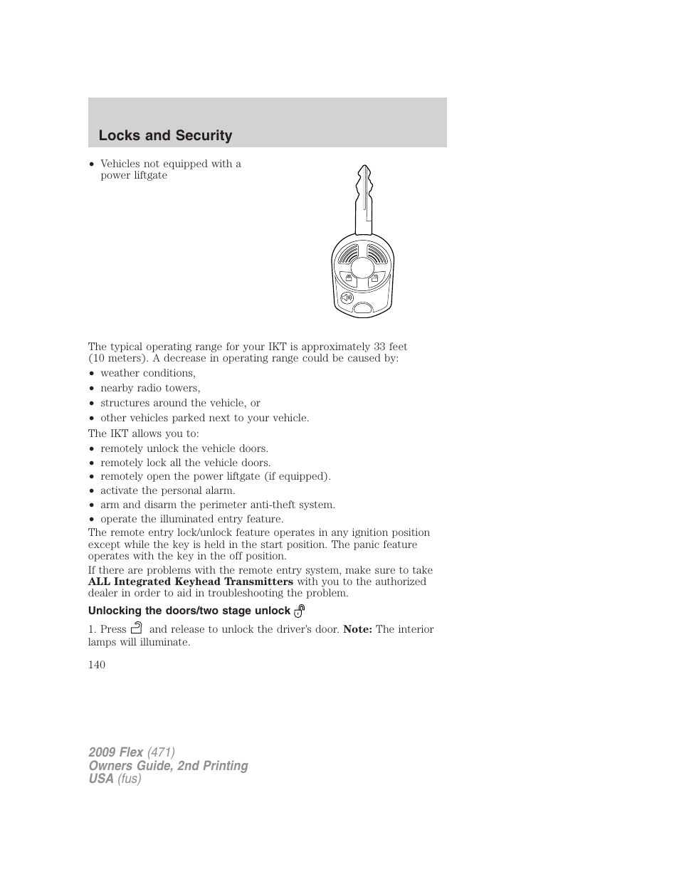 Unlocking the doors/two stage unlock, Locks and security | FORD 2009 Flex v.2 User Manual | Page 140 / 378