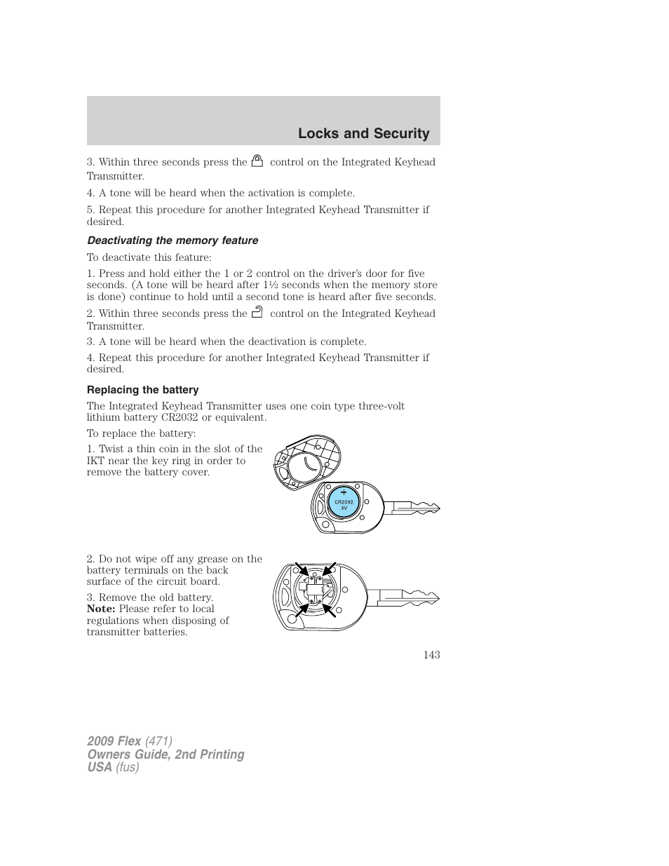 Deactivating the memory feature, Replacing the battery, Locks and security | FORD 2009 Flex v.2 User Manual | Page 143 / 378