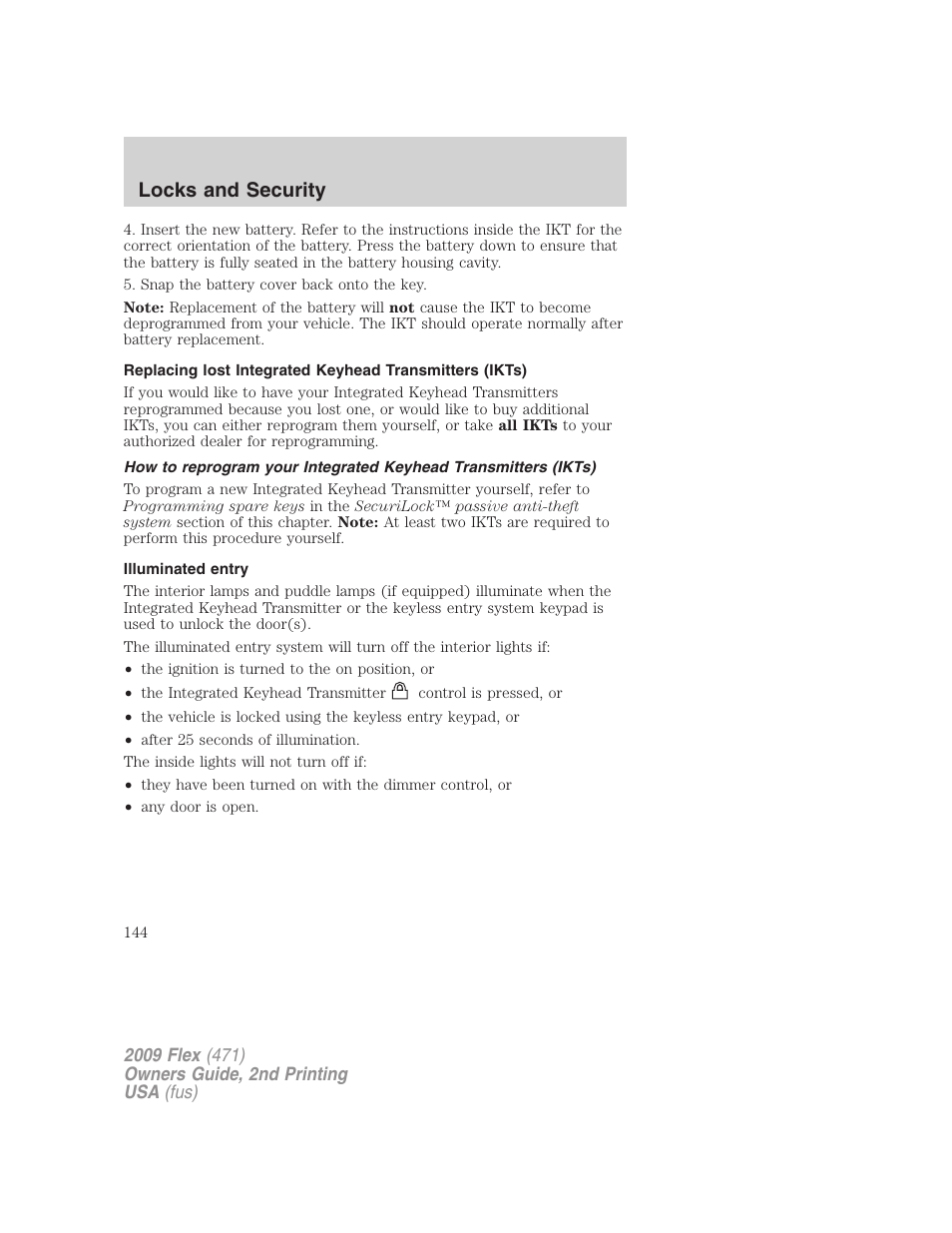 Illuminated entry, Locks and security | FORD 2009 Flex v.2 User Manual | Page 144 / 378