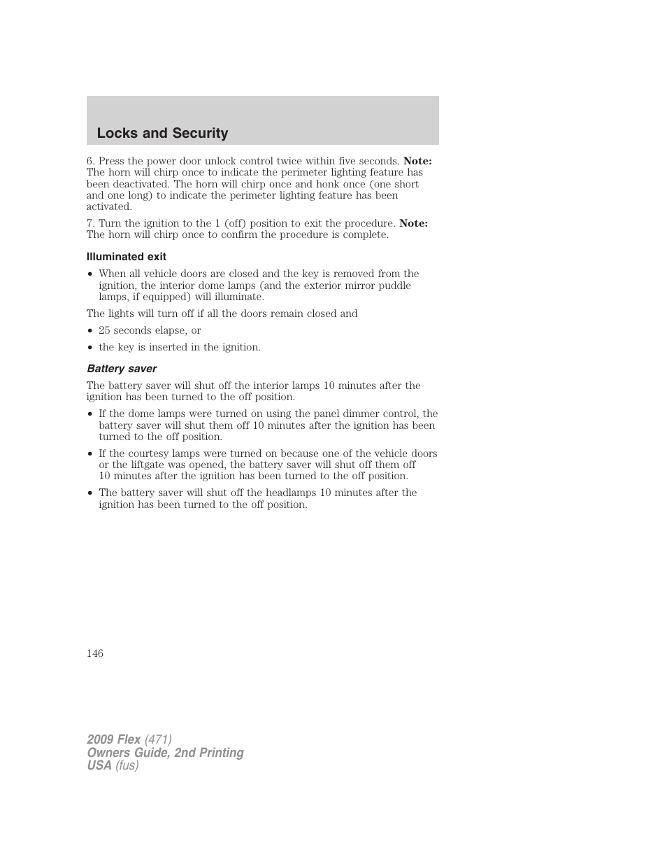 Illuminated exit, Battery saver, Locks and security | FORD 2009 Flex v.2 User Manual | Page 146 / 378