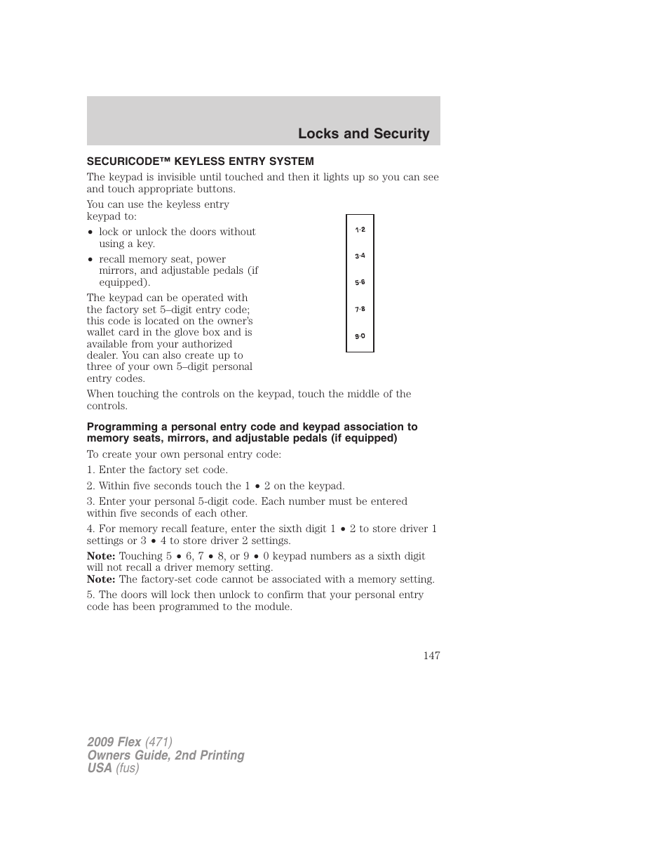 Securicode™ keyless entry system, Locks and security | FORD 2009 Flex v.2 User Manual | Page 147 / 378