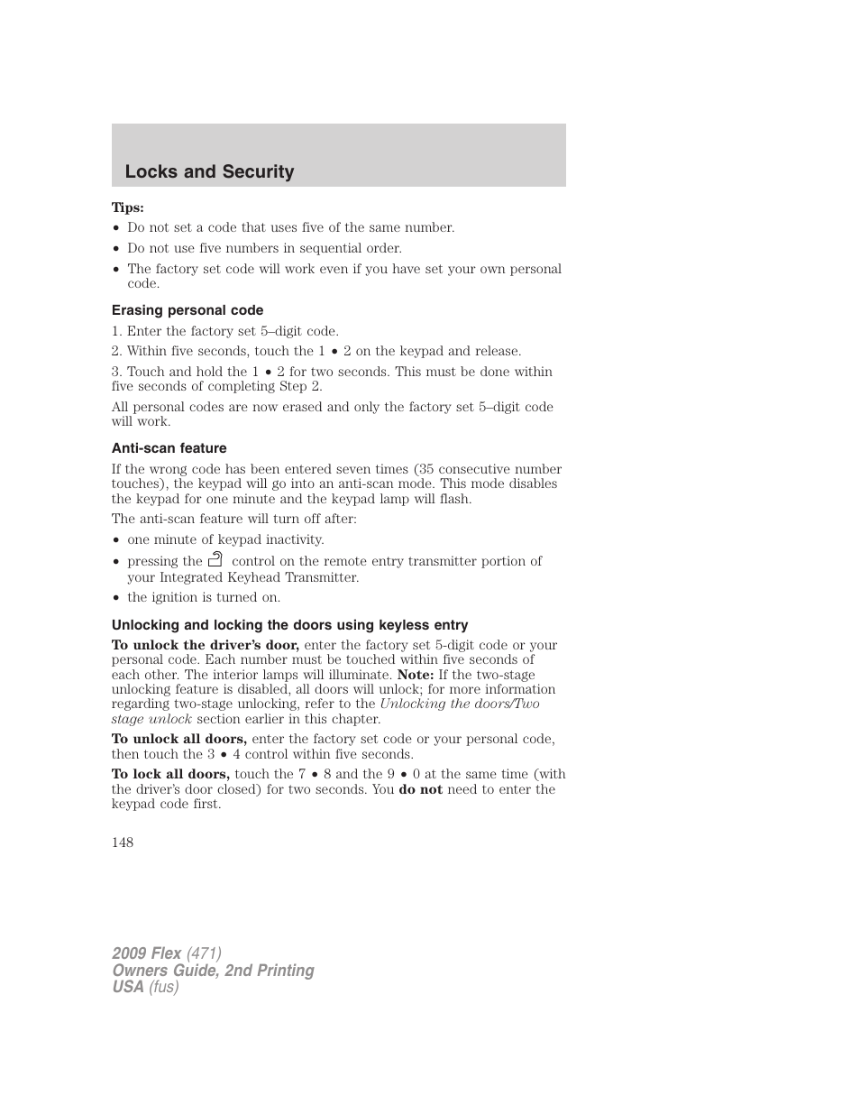 Erasing personal code, Anti-scan feature, Locks and security | FORD 2009 Flex v.2 User Manual | Page 148 / 378