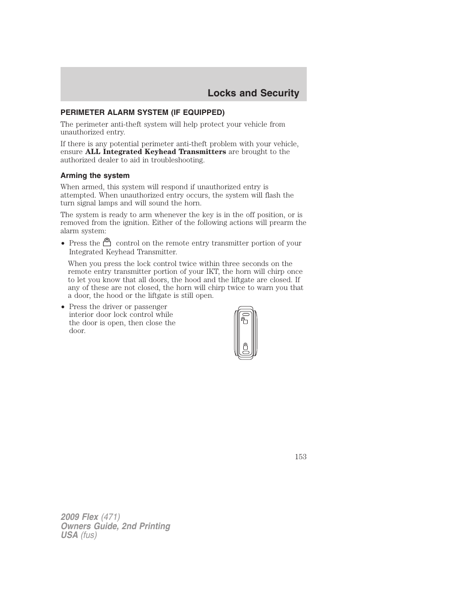 Perimeter alarm system (if equipped), Arming the system, Locks and security | FORD 2009 Flex v.2 User Manual | Page 153 / 378