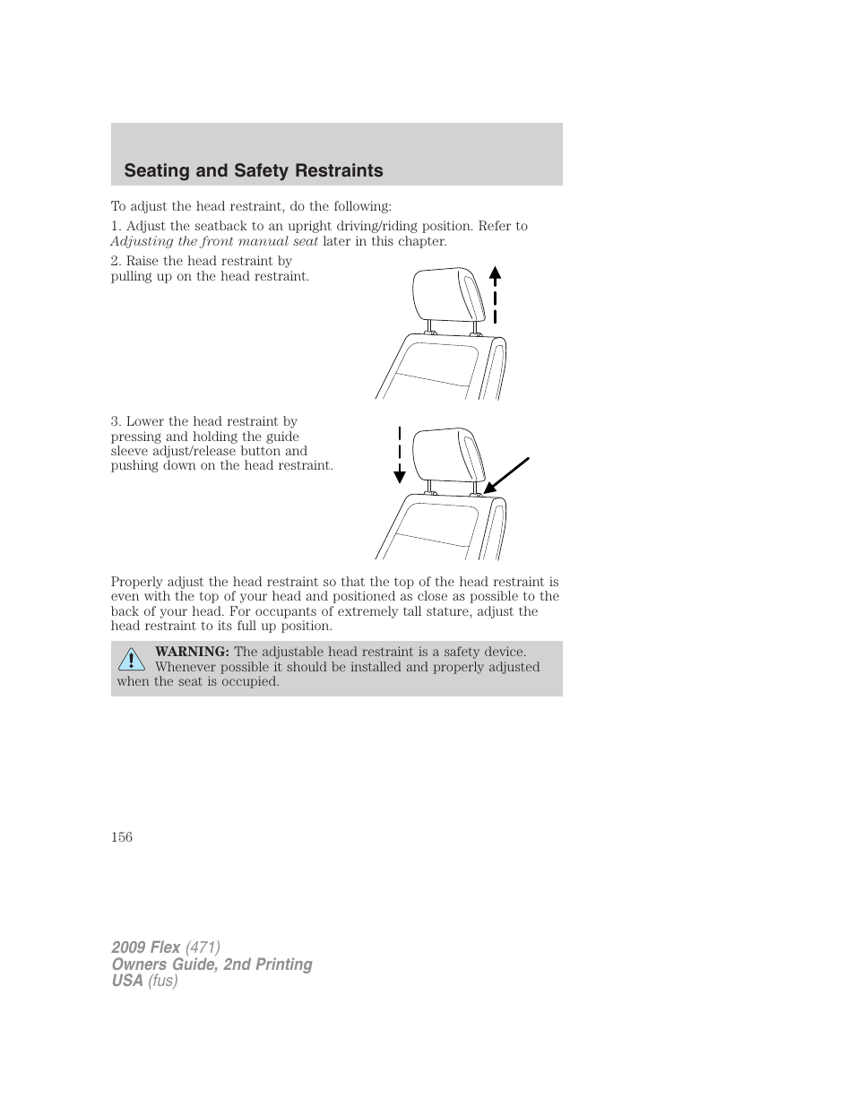 Seating and safety restraints | FORD 2009 Flex v.2 User Manual | Page 156 / 378