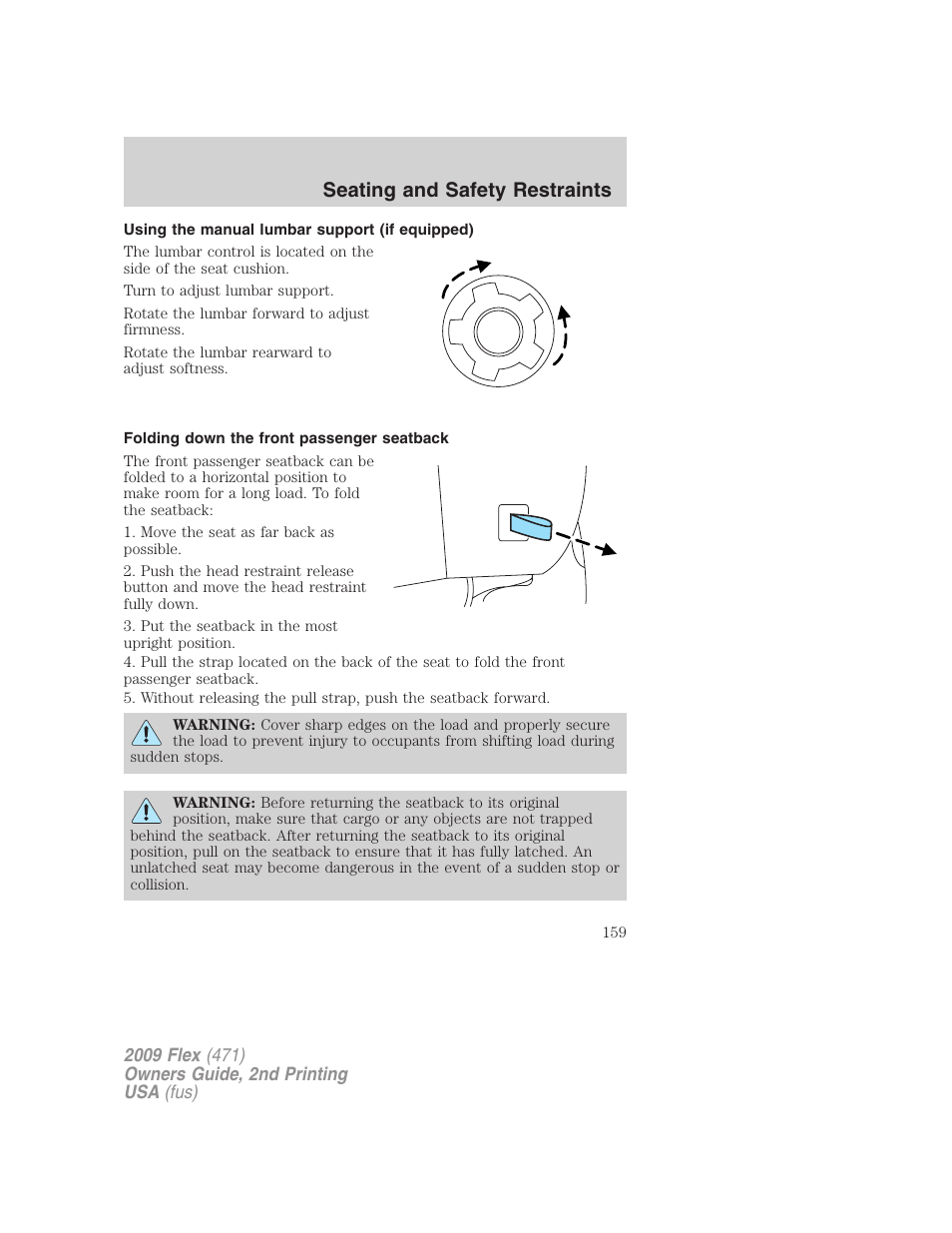 Using the manual lumbar support (if equipped), Folding down the front passenger seatback, Seating and safety restraints | FORD 2009 Flex v.2 User Manual | Page 159 / 378