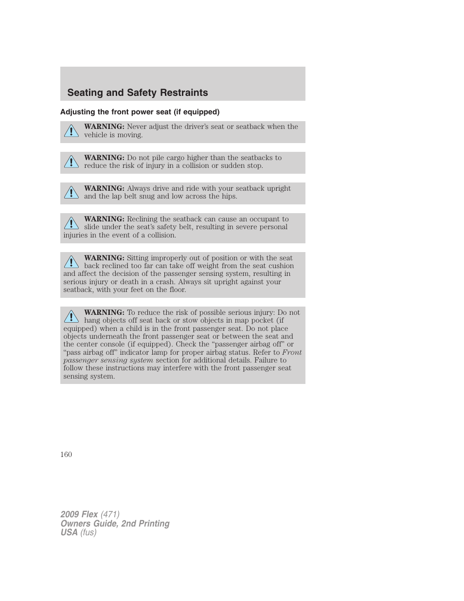 Adjusting the front power seat (if equipped), Seating and safety restraints | FORD 2009 Flex v.2 User Manual | Page 160 / 378