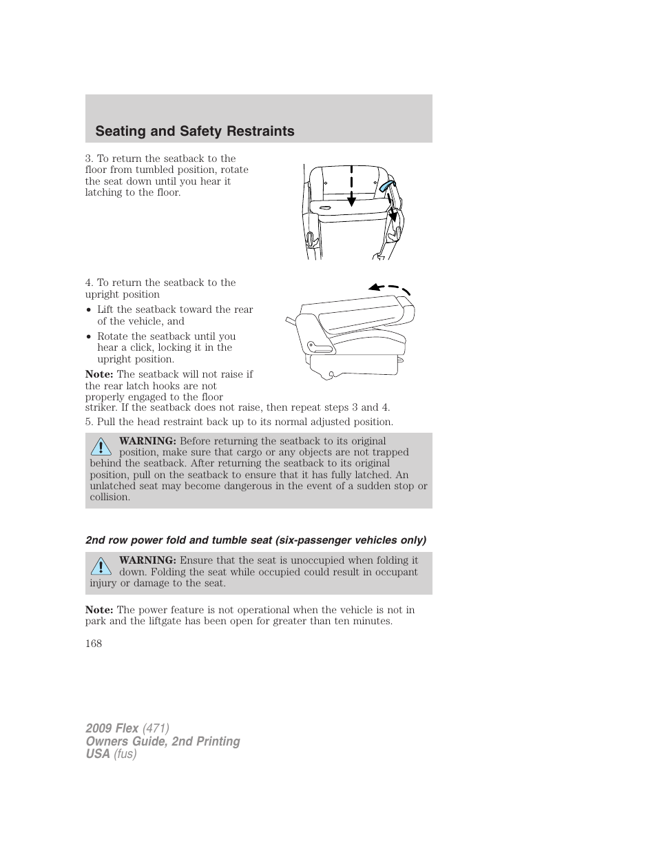 Seating and safety restraints | FORD 2009 Flex v.2 User Manual | Page 168 / 378