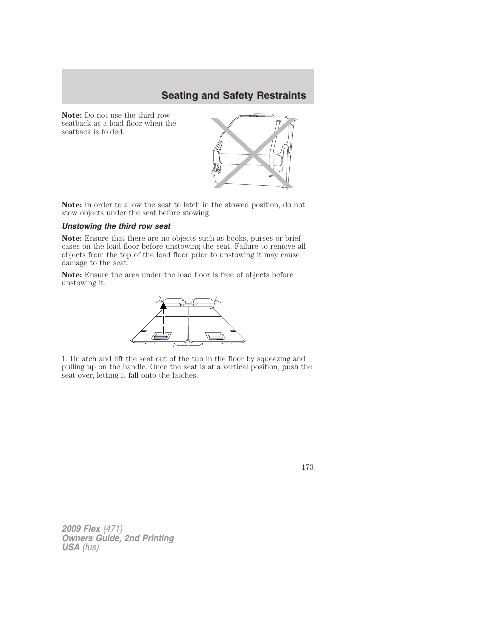 Unstowing the third row seat, Seating and safety restraints | FORD 2009 Flex v.2 User Manual | Page 173 / 378