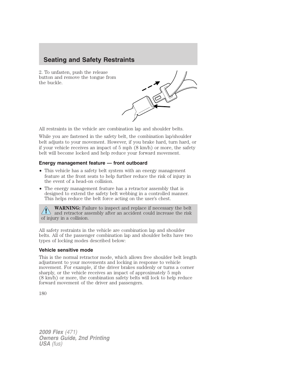 Energy management feature — front outboard, Vehicle sensitive mode, Seating and safety restraints | FORD 2009 Flex v.2 User Manual | Page 180 / 378