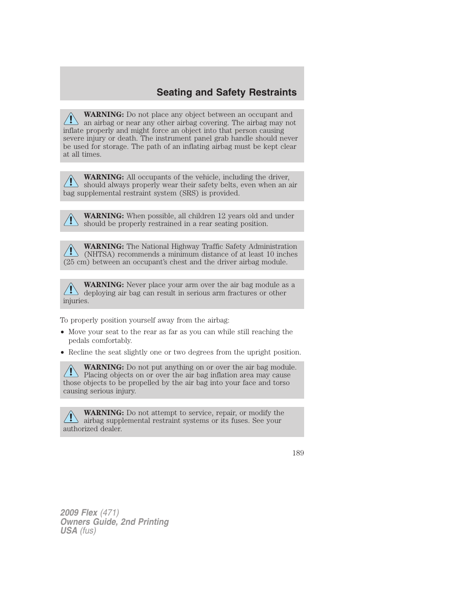 Seating and safety restraints | FORD 2009 Flex v.2 User Manual | Page 189 / 378