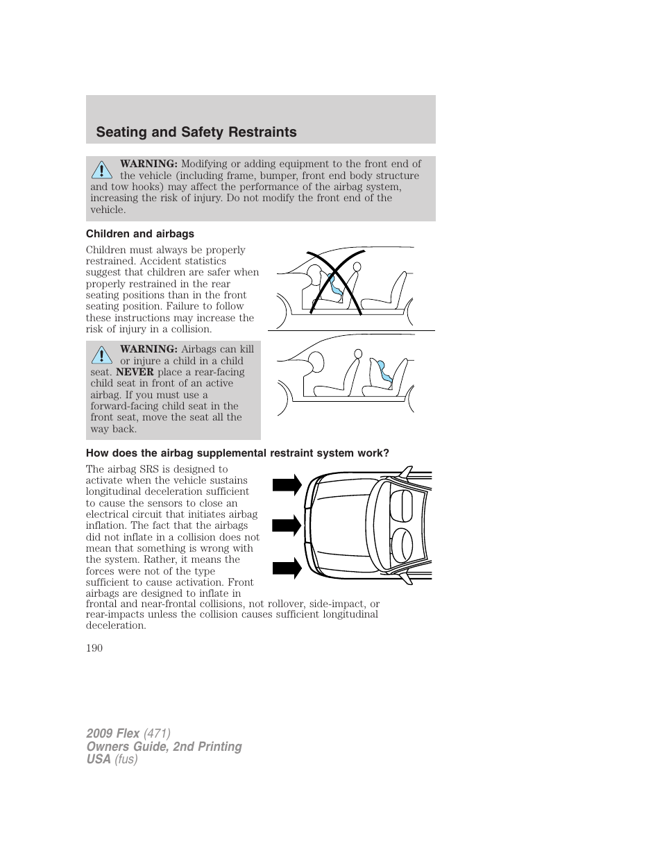 Children and airbags, Seating and safety restraints | FORD 2009 Flex v.2 User Manual | Page 190 / 378
