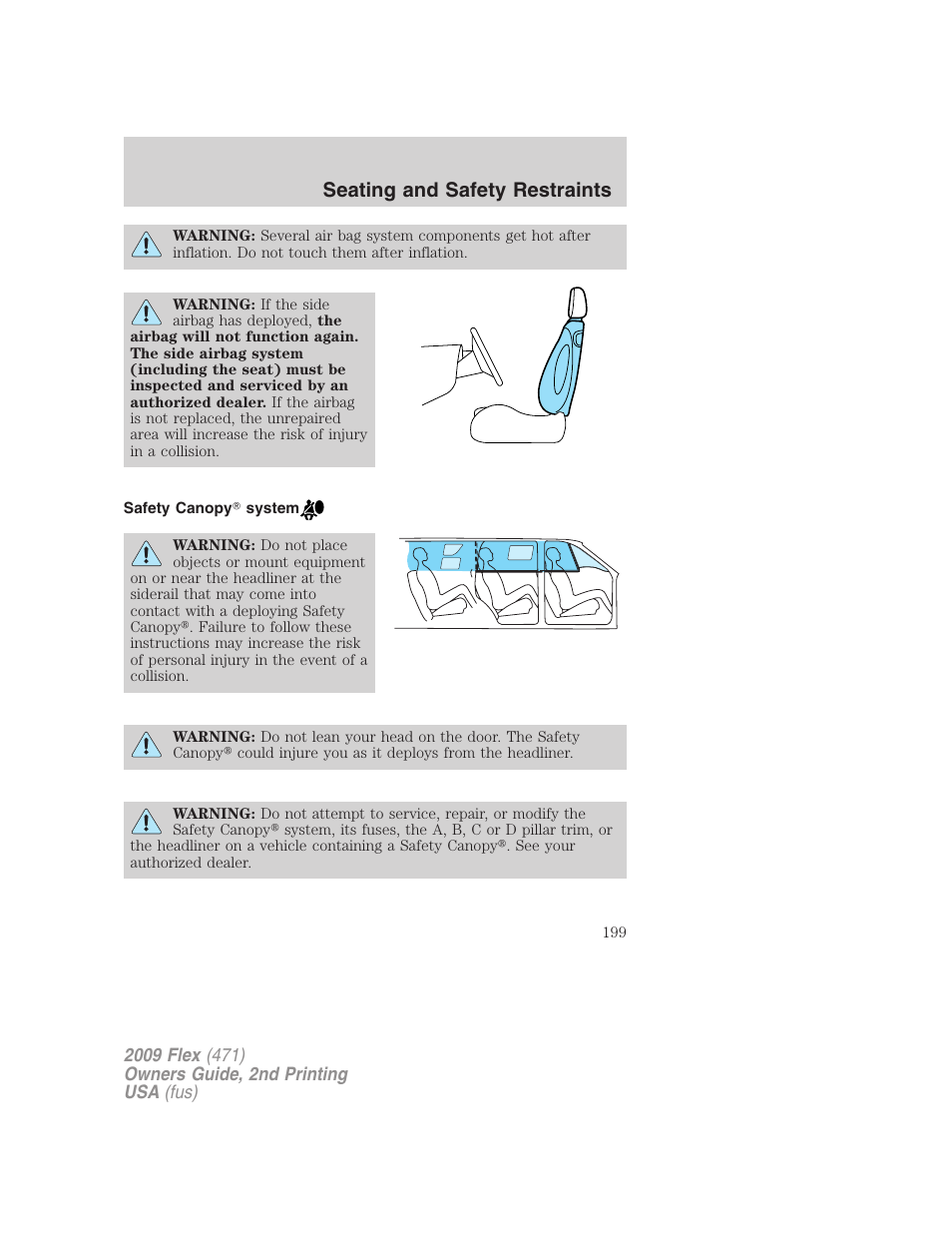 Safety canopy system, Seating and safety restraints | FORD 2009 Flex v.2 User Manual | Page 199 / 378