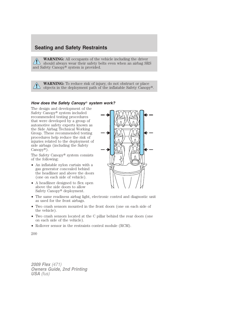 How does the safety canopy system work, Seating and safety restraints | FORD 2009 Flex v.2 User Manual | Page 200 / 378