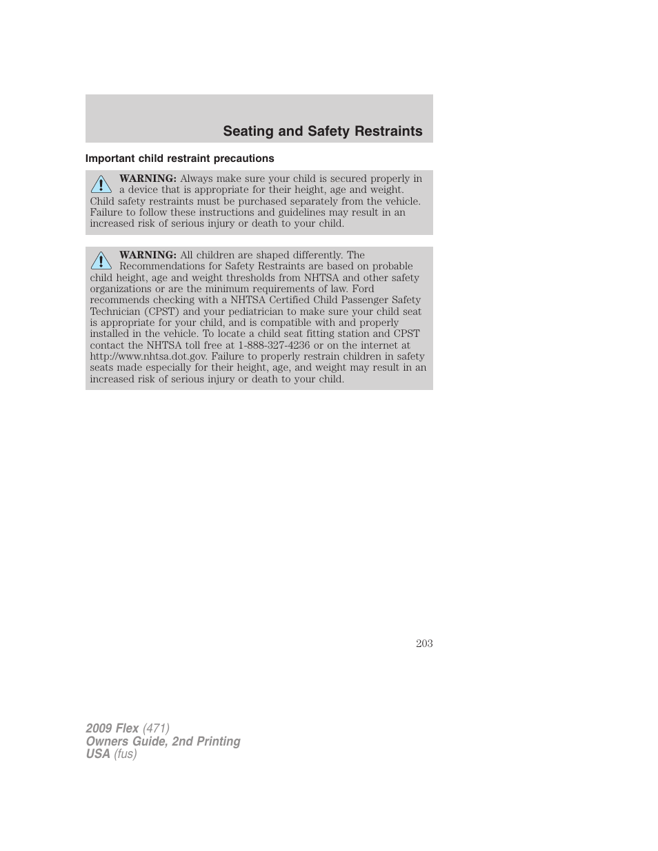 Important child restraint precautions, Seating and safety restraints | FORD 2009 Flex v.2 User Manual | Page 203 / 378