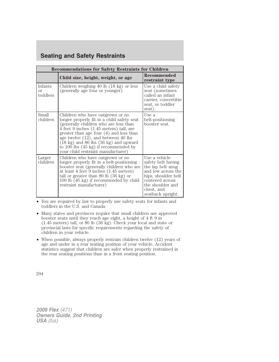 Seating and safety restraints | FORD 2009 Flex v.2 User Manual | Page 204 / 378