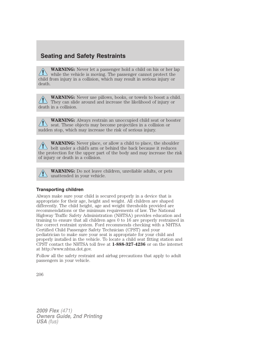 Transporting children, Seating and safety restraints | FORD 2009 Flex v.2 User Manual | Page 206 / 378