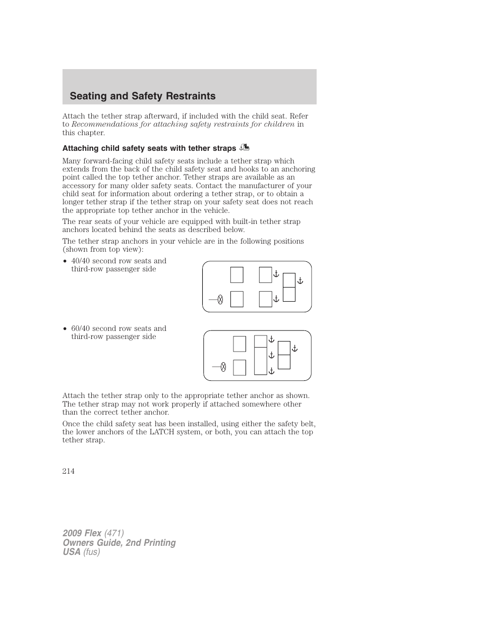 Attaching child safety seats with tether straps, Seating and safety restraints | FORD 2009 Flex v.2 User Manual | Page 214 / 378