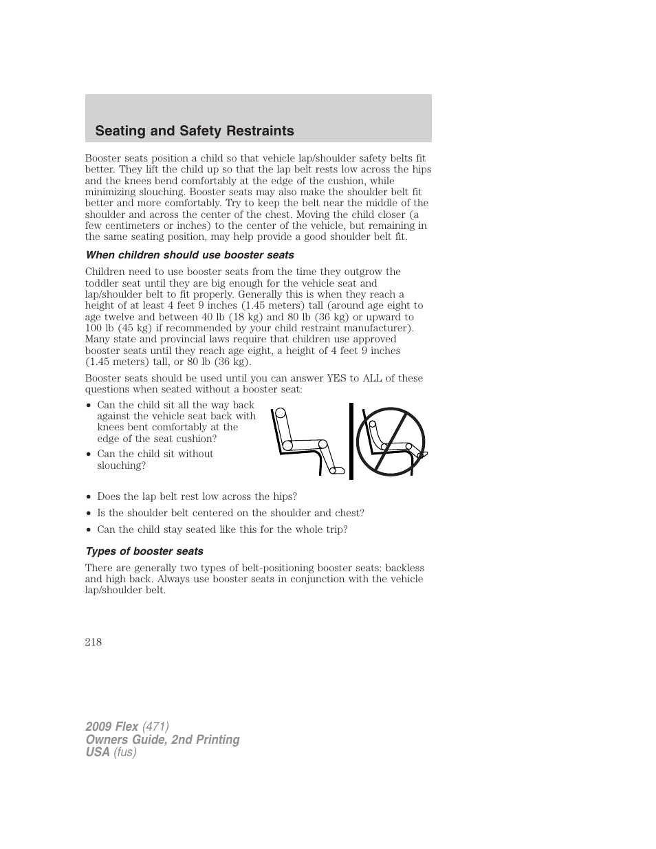 When children should use booster seats, Types of booster seats, Seating and safety restraints | FORD 2009 Flex v.2 User Manual | Page 218 / 378