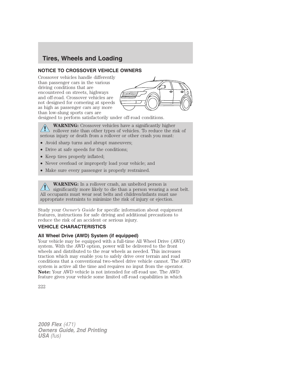 Tires, wheels and loading, Notice to crossover vehicle owners, Vehicle characteristics | All wheel drive (awd) system (if equipped) | FORD 2009 Flex v.2 User Manual | Page 222 / 378