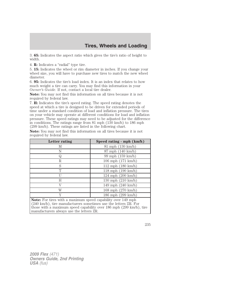 Tires, wheels and loading | FORD 2009 Flex v.2 User Manual | Page 235 / 378