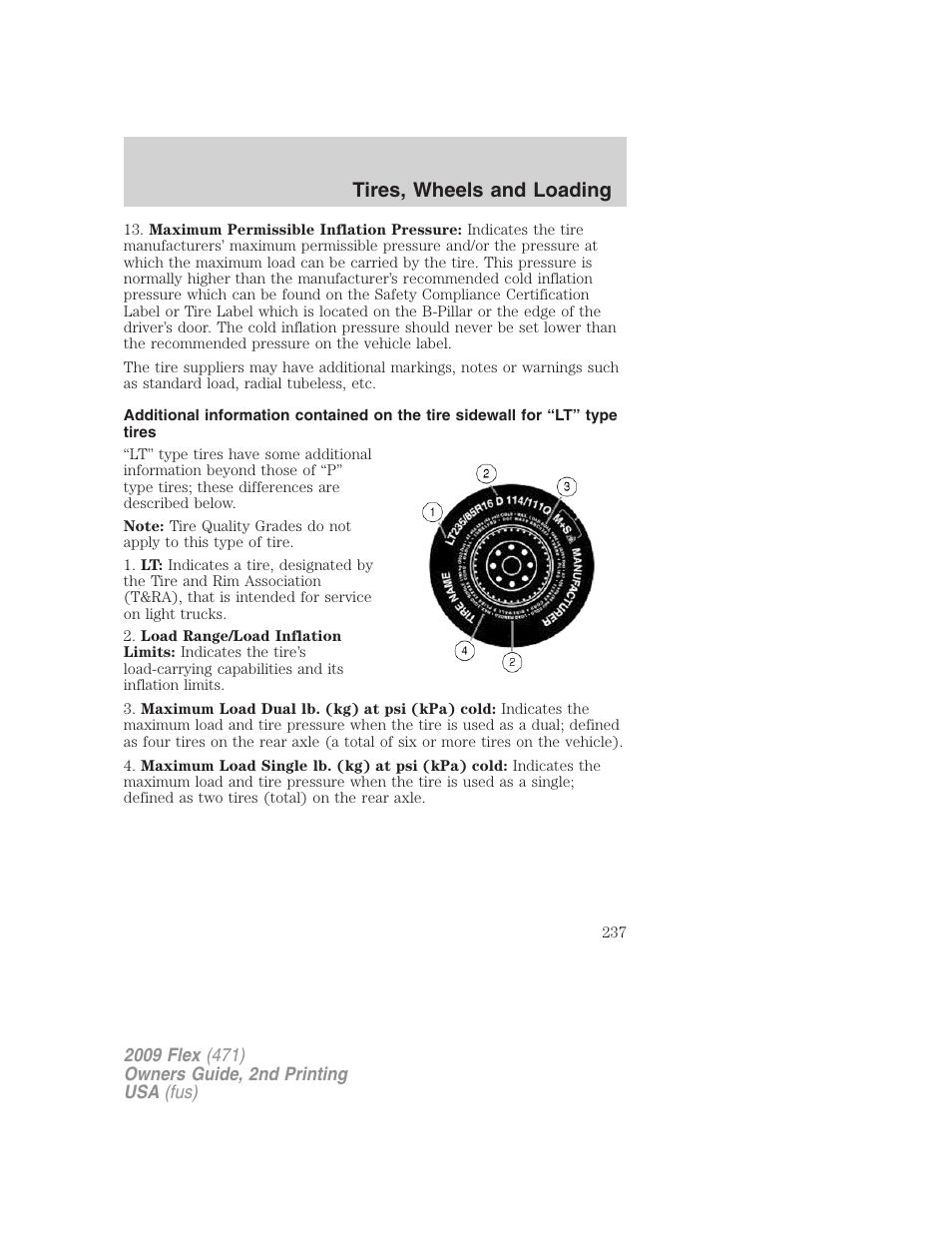 Tires, wheels and loading | FORD 2009 Flex v.2 User Manual | Page 237 / 378