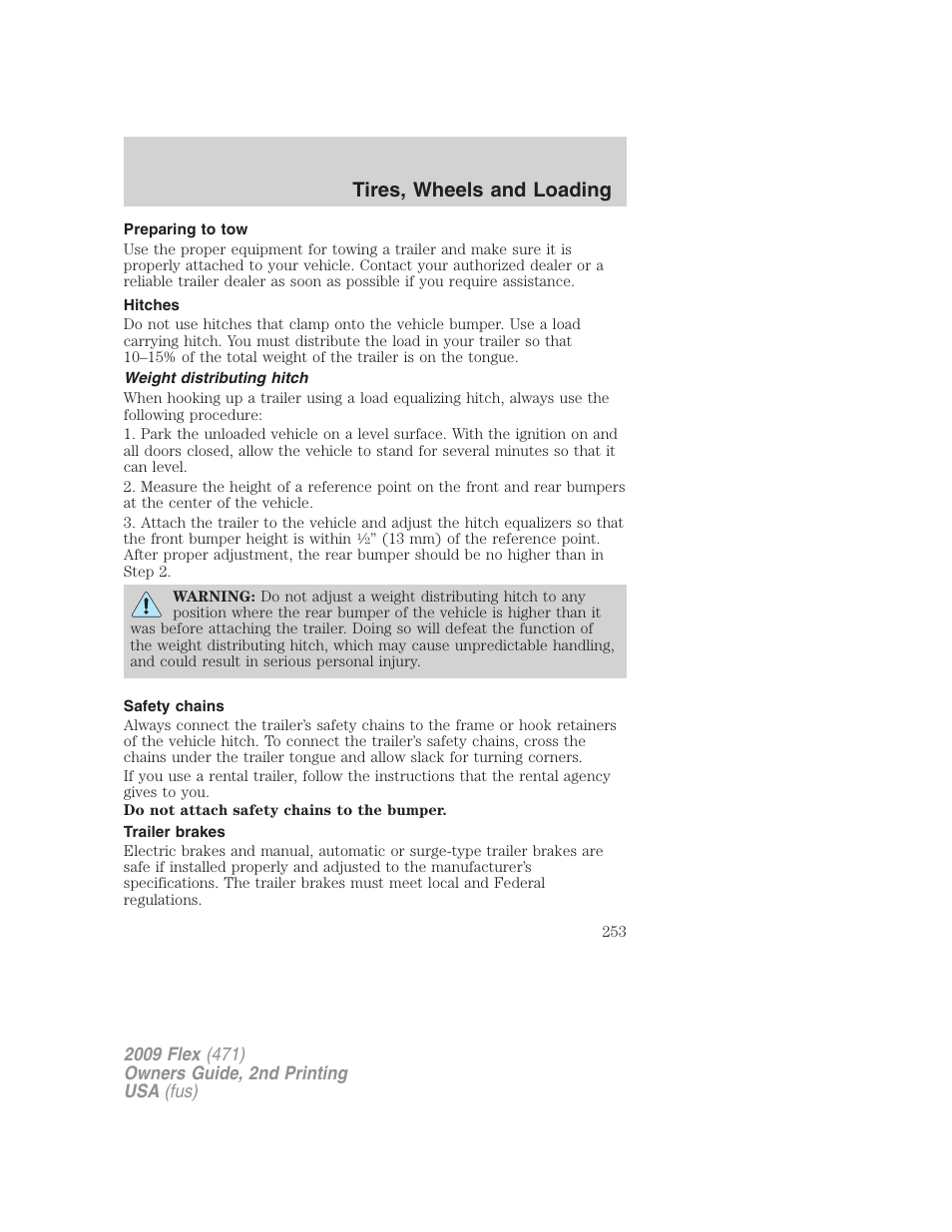 Preparing to tow, Hitches, Weight distributing hitch | Safety chains, Trailer brakes, Tires, wheels and loading | FORD 2009 Flex v.2 User Manual | Page 253 / 378