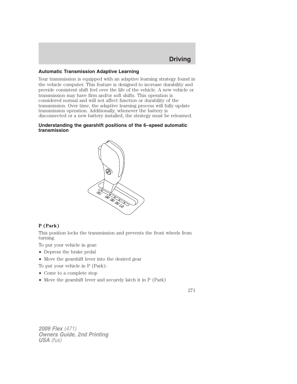 Automatic transmission adaptive learning, Driving | FORD 2009 Flex v.2 User Manual | Page 271 / 378