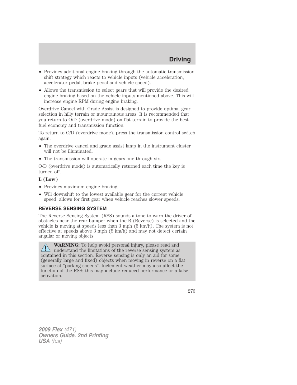 Reverse sensing system, Driving | FORD 2009 Flex v.2 User Manual | Page 273 / 378
