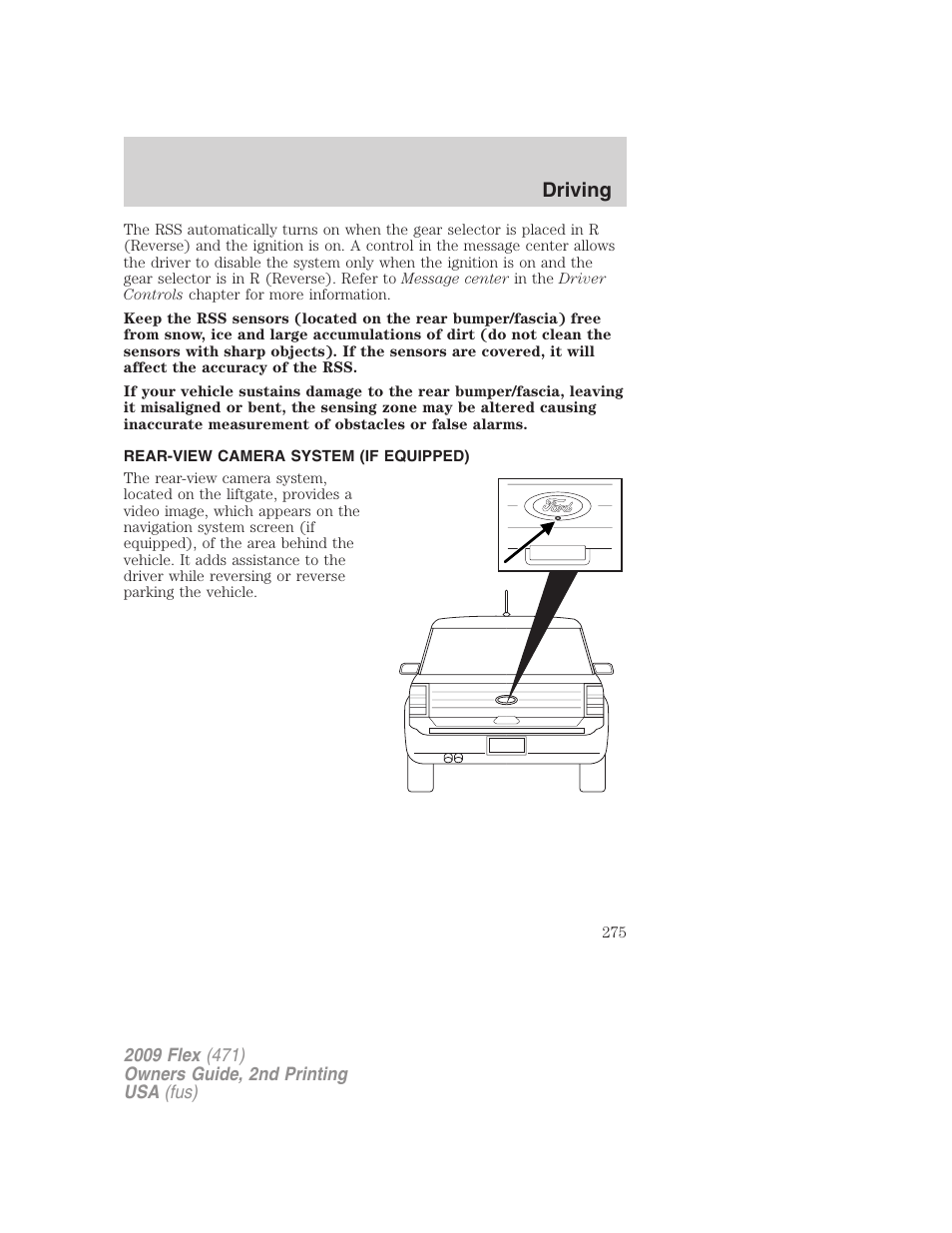 Rear-view camera system (if equipped), Reverse camera, Driving | FORD 2009 Flex v.2 User Manual | Page 275 / 378