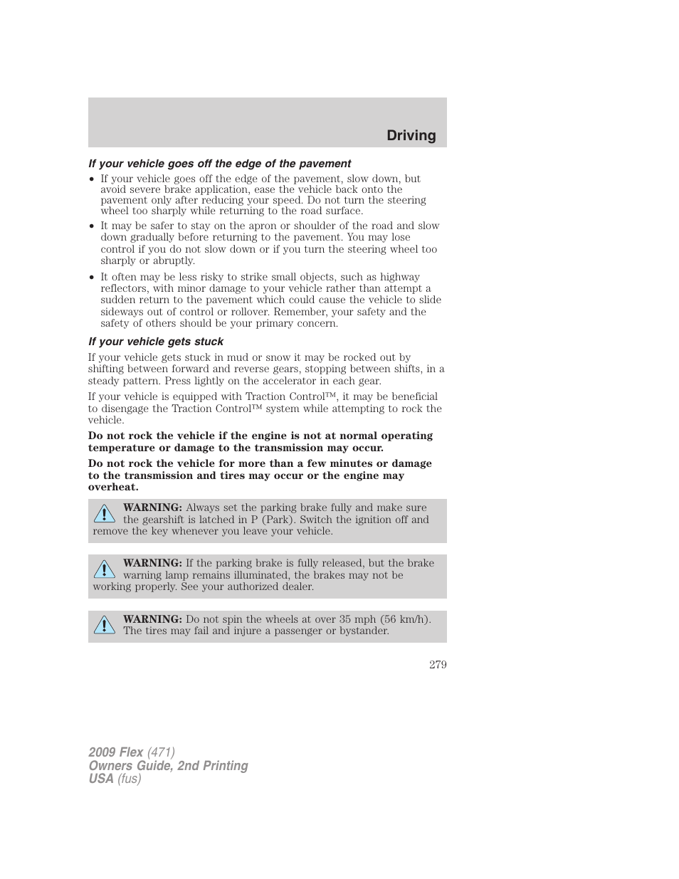 If your vehicle goes off the edge of the pavement, If your vehicle gets stuck, Driving | FORD 2009 Flex v.2 User Manual | Page 279 / 378