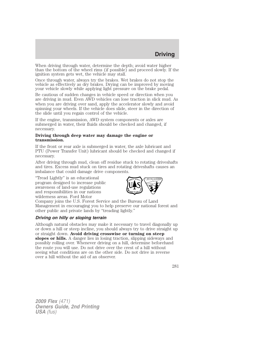 Driving on hilly or sloping terrain, Driving | FORD 2009 Flex v.2 User Manual | Page 281 / 378