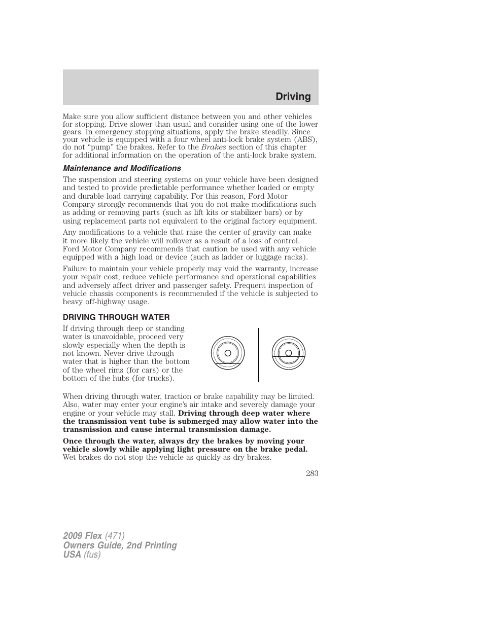 Maintenance and modifications, Driving through water, Driving | FORD 2009 Flex v.2 User Manual | Page 283 / 378