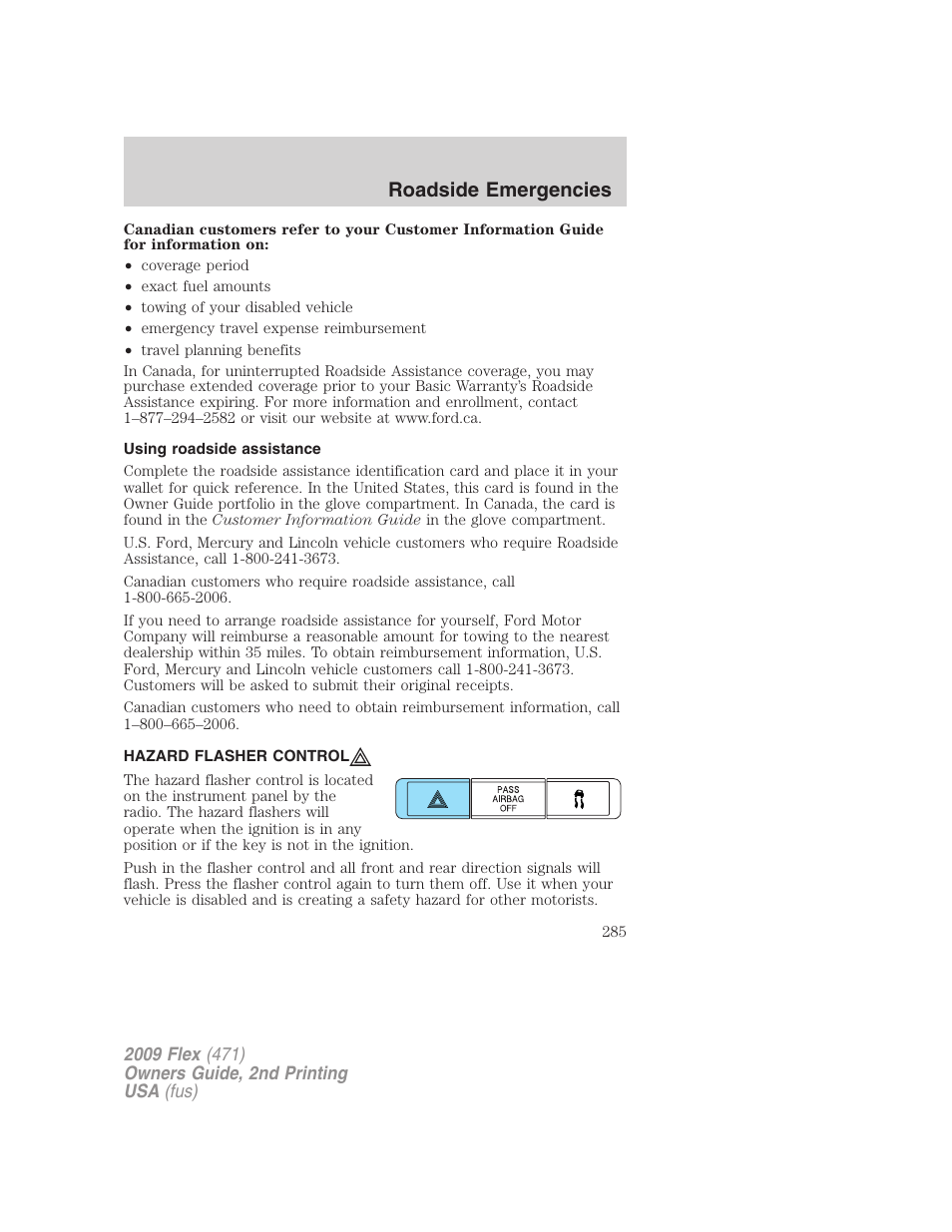 Using roadside assistance, Hazard flasher control, Roadside emergencies | FORD 2009 Flex v.2 User Manual | Page 285 / 378