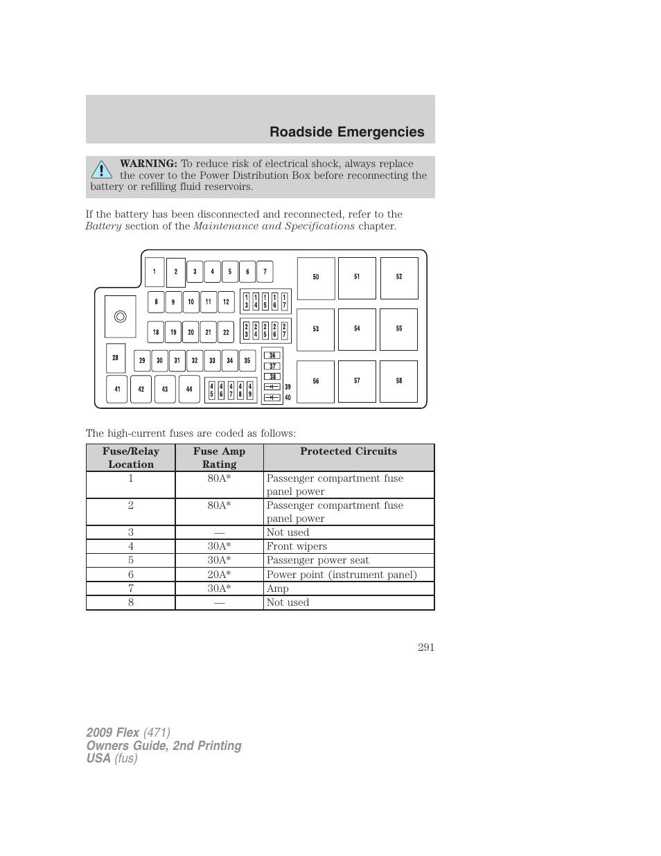 Roadside emergencies | FORD 2009 Flex v.2 User Manual | Page 291 / 378