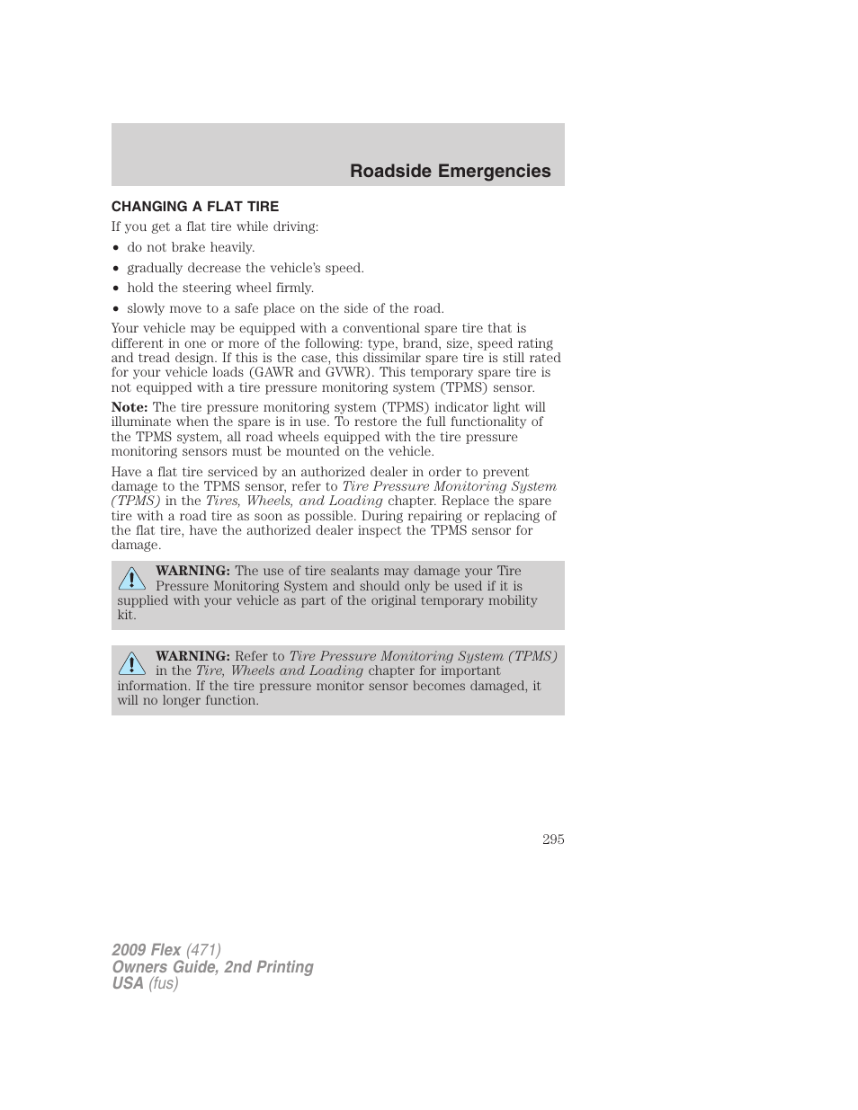 Changing a flat tire, Changing tires, Roadside emergencies | FORD 2009 Flex v.2 User Manual | Page 295 / 378