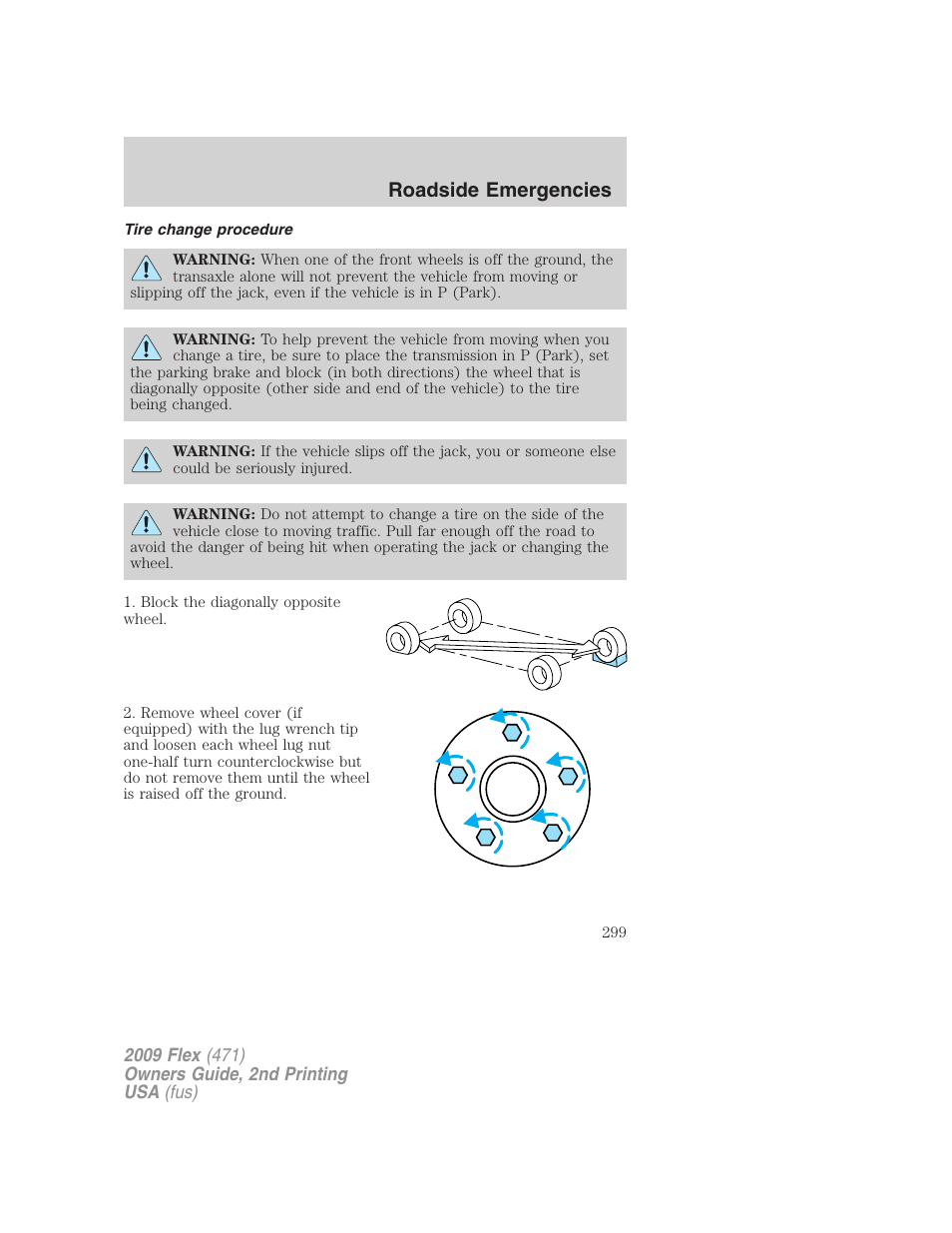 Tire change procedure, Roadside emergencies | FORD 2009 Flex v.2 User Manual | Page 299 / 378