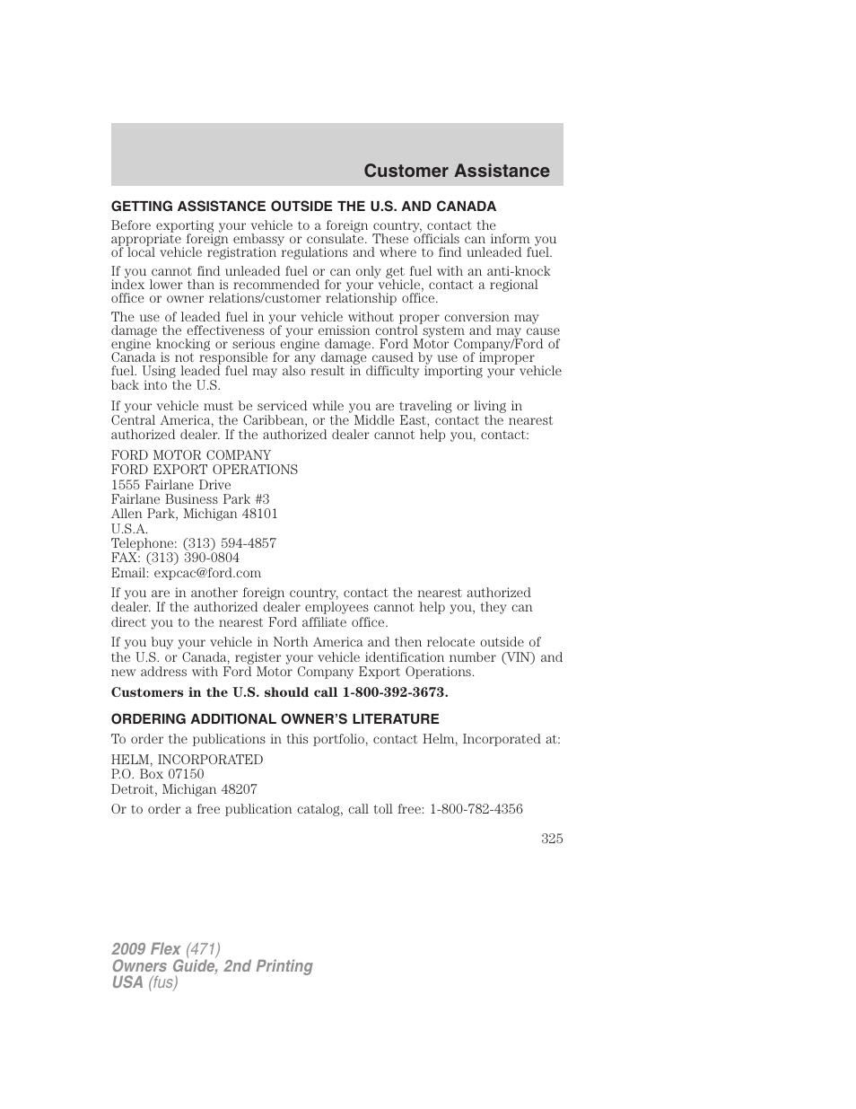 Getting assistance outside the u.s. and canada, Ordering additional owner’s literature, Customer assistance | FORD 2009 Flex v.2 User Manual | Page 325 / 378