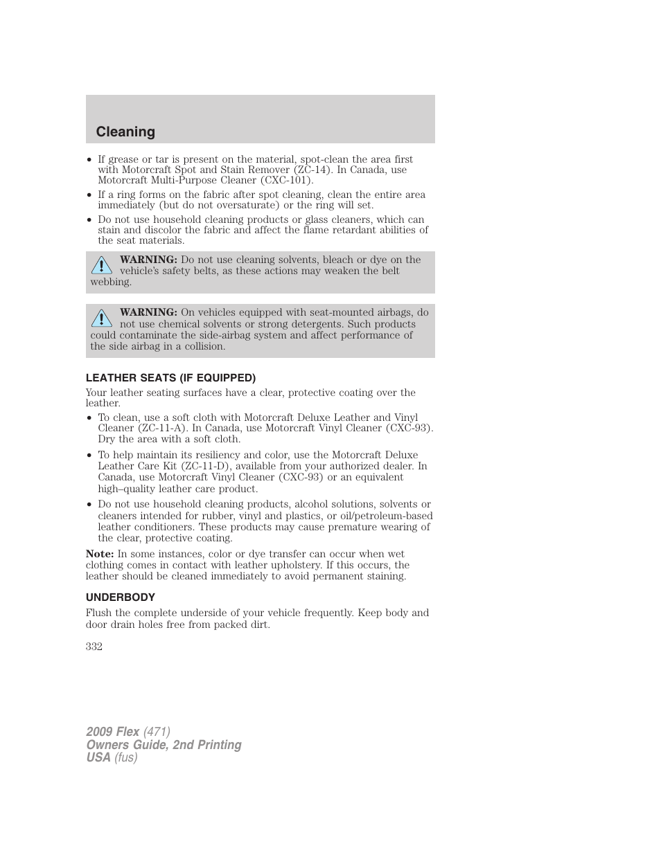 Leather seats (if equipped), Underbody, Cleaning | FORD 2009 Flex v.2 User Manual | Page 332 / 378