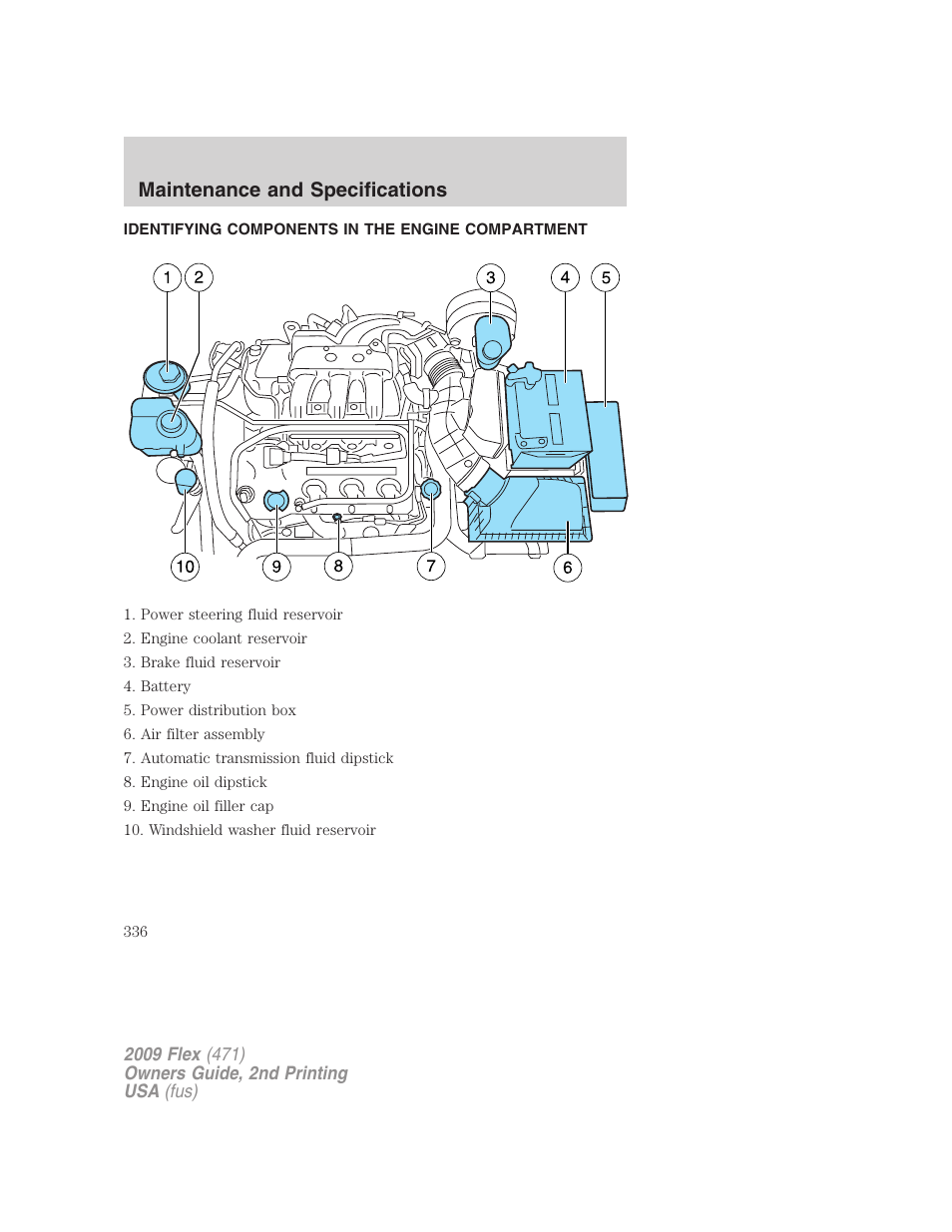 Identifying components in the engine compartment, Engine compartment, Maintenance and specifications | FORD 2009 Flex v.2 User Manual | Page 336 / 378