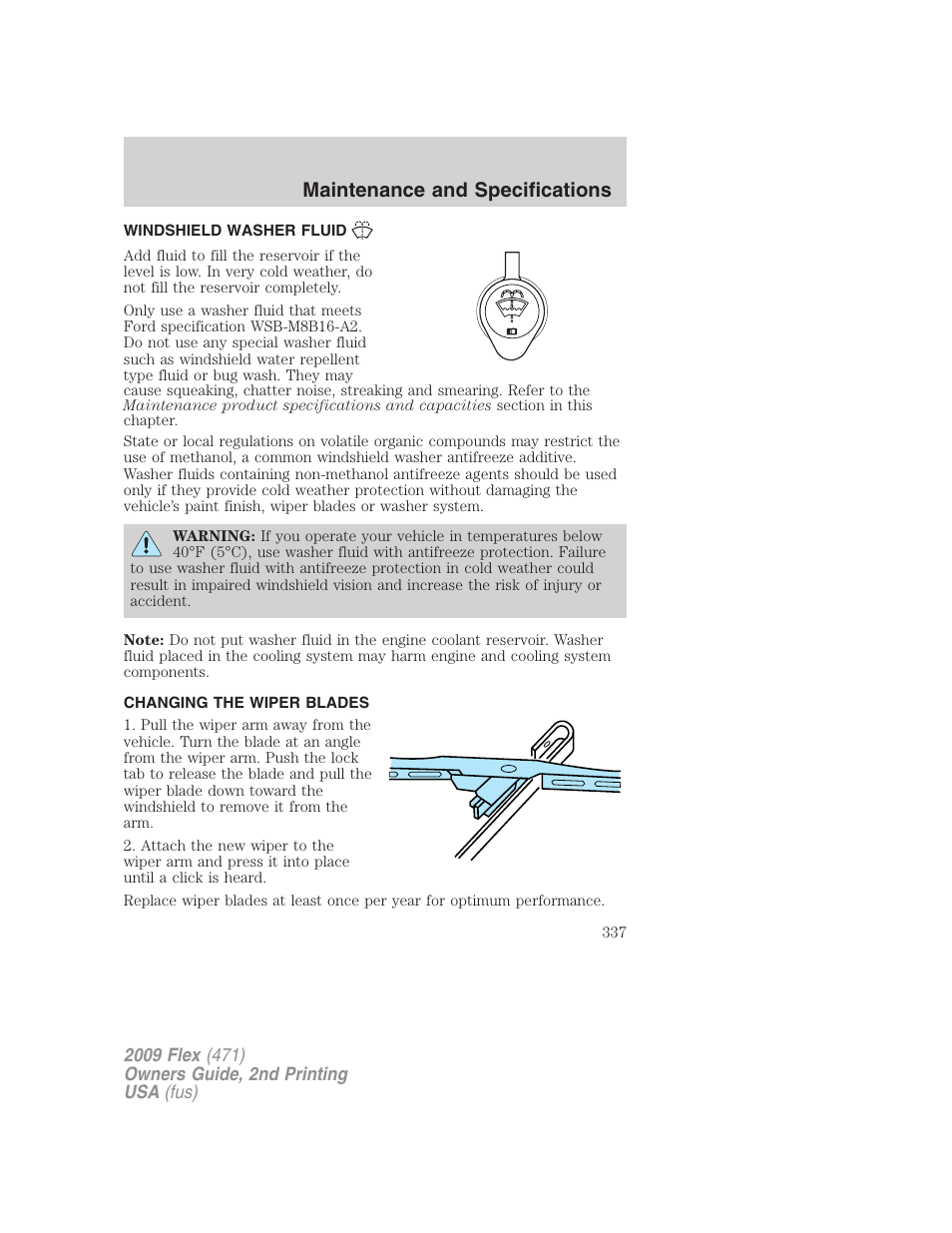 Windshield washer fluid, Changing the wiper blades, Maintenance and specifications | FORD 2009 Flex v.2 User Manual | Page 337 / 378