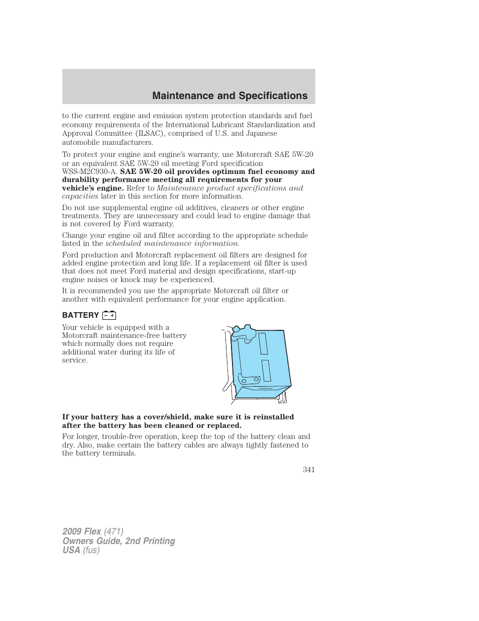 Battery, Maintenance and specifications | FORD 2009 Flex v.2 User Manual | Page 341 / 378