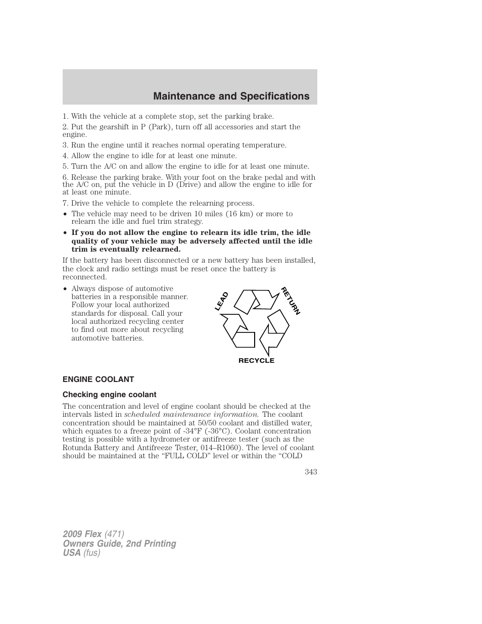 Engine coolant, Checking engine coolant, Maintenance and specifications | FORD 2009 Flex v.2 User Manual | Page 343 / 378